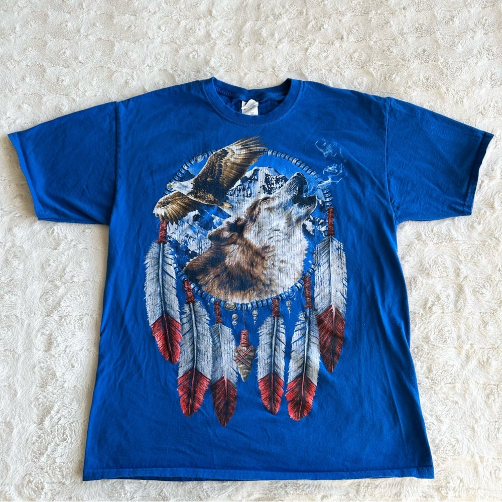 Wolf Shirt Tee Mens Large Blue Eagle Native American Dream Catcher Mountain